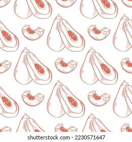Dibujo vectorial de patrón sin fisuras de papaya dibujado a mano. Fondo de boceto de frutas tropicales exóticas. Impresión de alimentos ecológicos saludables para textiles, envasado, papel y diseño