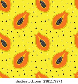 Papaya seamless pattern on colorful background. Exotic fruit vector illustration.