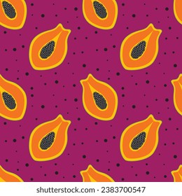Papaya seamless pattern on colorful background. Exotic fruit vector illustration.