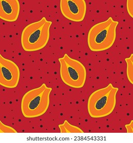 Papaya seamless pattern on colorful background. Exotic fruit vector illustration.