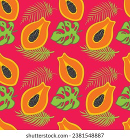 Papaya seamless pattern on white background. Exotic fruit vector illustration.