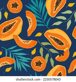 Papaya seamless pattern for print, textile, fabric. Modern hand drawn stylized fruits background