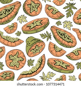 Papaya seamless pattern. Tropical fruit sketch style. Hand drawn vector illustration.
