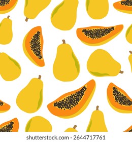 Papaya Seamless Pattern, Tropical Fruit Vector Background, Summer Exotic Repeat Design
