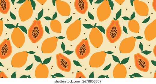 Patrón sin fisuras de papaya - Fondo de Vector de frutas tropicales con papayas, semillas y hojas frescas