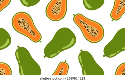 Papaya seamless pattern. Tropical fruits background design. Collection of organic vitamins and healthy nutrition. Flat Vector illustration