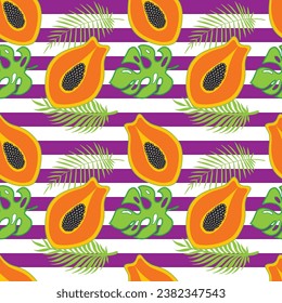 Papaya seamless pattern and tropical leaves on colorful striped background. Exotic fruit vector illustration.
