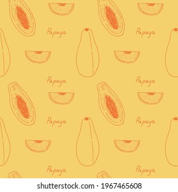 Papaya seamless pattern, vector illustration, hand drawn sketch, orange color