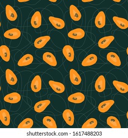  Papaya with seeds seamless pattern. Tropical fruit abstract clipart on a dark green background with tangle lines for use as textile, wrapping or wallpaper print. 