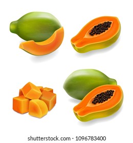 Papaya set, pawpaw, paw paw, slice and whole juicy fruit