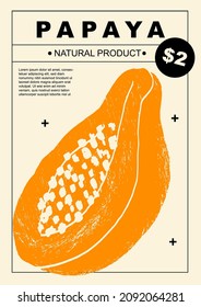 Papaya. Set of posters of fruits and vegetables in a abstract draw design. Label or poster, price tag. Simple, flat design. Patterns and backgrounds. Perfect for poster, cover, banner.