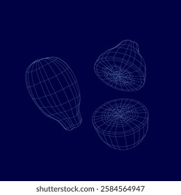 Papaya are shown in a blue background. The Papaya are cut in half and are shown in different positions. The image has a futuristic feel to it