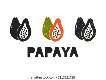 Papaya, silhouette icons set with lettering. Imitation of stamp, print with scuffs. Simple black shape and color vector illustration. Hand drawn isolated elements on white background