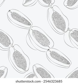 Papaya sketch seamless black and white pattern. Fruit doodle outline monochrome background. Food print Ideal for printing on fabric, wrapping paper, wallpaper