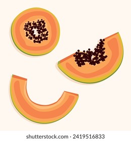 Papaya slices with and without seeds. Exotic fruits.