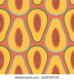Papaya summer pattern on red background. Simple seamless pattern with papayas. Vector design for greeting card and invitation of seasonal summer holiday