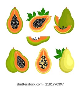 Papaya. Tropical fruit. Color illustration on a white background. Set.
