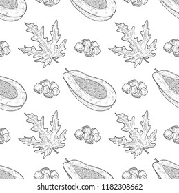 Papaya. Tropical Fruit, leaf, slice. Monochrome. Background, wallpaper, texture, seamless.