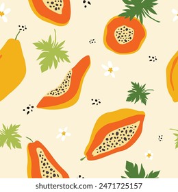 Papaya tropical fruit seamless pattern with papaya's seeds, flower, and leaf. Sliced papaya fruit decorative background. Tropical fruit vector design for fabric, paper, wallpaper, cover, interior