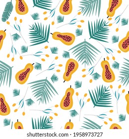 Papaya and tropical plants seamless pattern. Vector illustration on white background. 