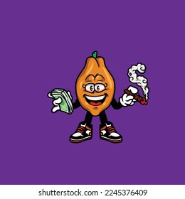 papaya vector character cartoon mascot smoking blunt from weed flower bud nug cannabis and money