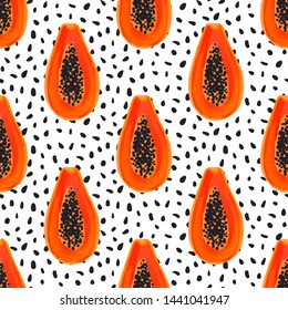 Papaya Vektor nahtloses Muster. Tropischer Hintergrund mit exotischen Früchten. Hawaiianischer Abdruck. Dschungelpflanzen. Sommerdesign.