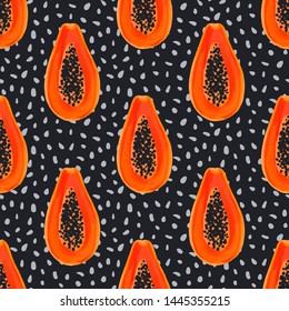 Papaya vector seamless pattern. Tropical background with exotic fruits. Hawaiian print. Jungle plants. Summer design.