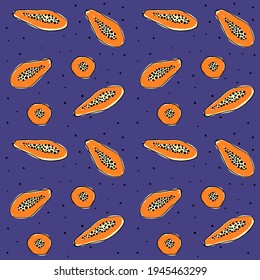 Papaya vector seamless pattern. Tropical background with exotic fruits. Hawaiian print. Jungle plants. Summer design.