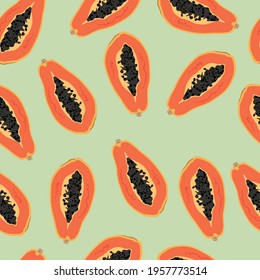 Papaya vector seamless repeating pattern with light green background. Great as a textile print, fabric, wallpaper, background, packaging or giftwrap and invitation cards. Surface pattern design.