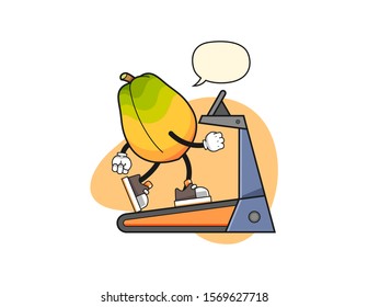 Papaya walking on treadmill with speech bubble cartoon. Mascot Character vector.