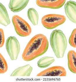Papaya watercolor pattern on white. Sweets fruit. Vector illustration