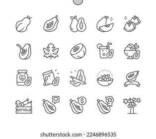 Papaya. Whole fruit and half. Cooking, recipes and price. Food shop, supermarket. Menu for cafe. Pixel Perfect Vector Thin Line Icons. Simple Minimal Pictogram