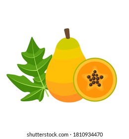 Papaya whole fruit with slice. Vector flat illustration isolated on white background