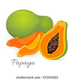 Papaya whole and half isolated on white. Called papaw, or pawpaw edible exotic fruit. Tropica berry with orange flash and dark seeds vector illustration