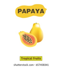 Papaya whole and half isolated on white background. Edible exotic fruit vector illustration. 