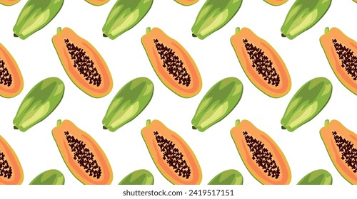 Papaya is whole with peel and cut in half with seeds. Seamless pattern in vector. Suitable for backgrounds and prints.