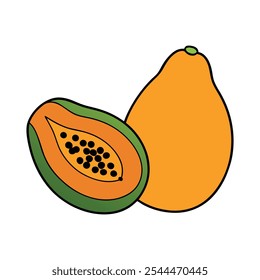 Papaya whole and sliced vector illustration.