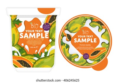 Papaya yogurt package design with yogurt splash isolated on white background. Packaging design template of fruit yogurt container. Papaya yogurt cup design layout.