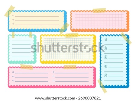 Pape corrugated diary frame memo pages templates set. Cute scallop notebook to do list sheets blank planner notes stickers collection. Sticky tape reminder stationery organizers backgrounds. Isolated