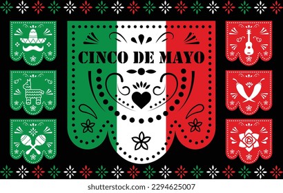 
papel picado of 5 de mayo, holiday of Mexico with black background