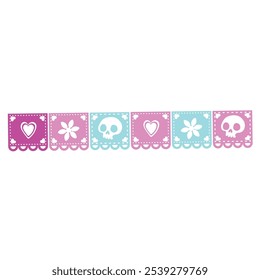 Papel picado banner with colorful skulls, hearts, and flowers for decoration, Vector illustration