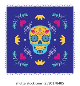 Banner picado papel picado com intrincado crânio, corações, flores e folhas, perfeito para Dia de los Muertos