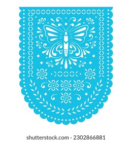 Cartel de Papel Picado. Marisma mexicana con una mariposa y flores. Decoración de fiestas.