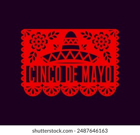 Papel picado, banner pecked flag with sombrero hat, Mexican fiesta Day of dead, Dia de Muertos flag with floral print. Vector paper cut holiday banner