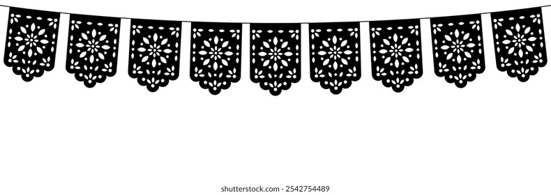 Papel Picado. Schwarze Silhouette Girlande Papel Picado. Papel Picado für Festival einzeln auf weißem Hintergrund. Schwarz-weiße Silhouette Girlande