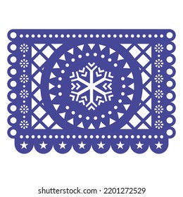 Papel Picado Christmas or winter vector design with snowflake and flowers, Mexican folk art decoration. Festive graland background from Mexico with Xmas motif 
