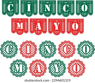 Papel picado for cinco de mayo, mexican holiday, with colors of the flag of Mexico