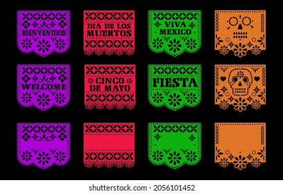 Papel picado. Day of the Dead. Dia de los muertos. vector with traditional mexican paper cut flags. space to write. Isolated on a black background. eps 10