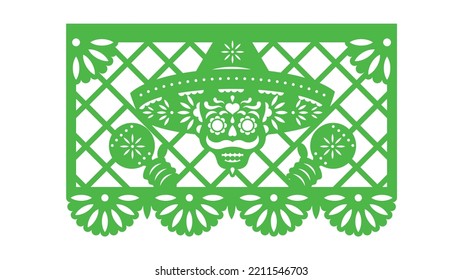 Papel Picado for Day of Dead. Mexican paper cutting for festive garland. Decorative flag for Dia de Muertos. Vector stencil with cactus and hispanic ornament. Best for design, card, laser cutting