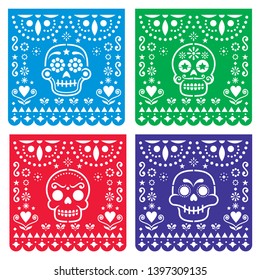 Papel Picado design with sugar skulls, Mexican paper cut out pattern collection - Halloween, Dia de Los Muertos, Day of the Dead celebration. Papel Picado geometric decoration set, traditional art